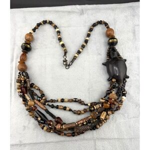 Vintage Boho Beaded Necklace Woodn Turtle Pendant 28"